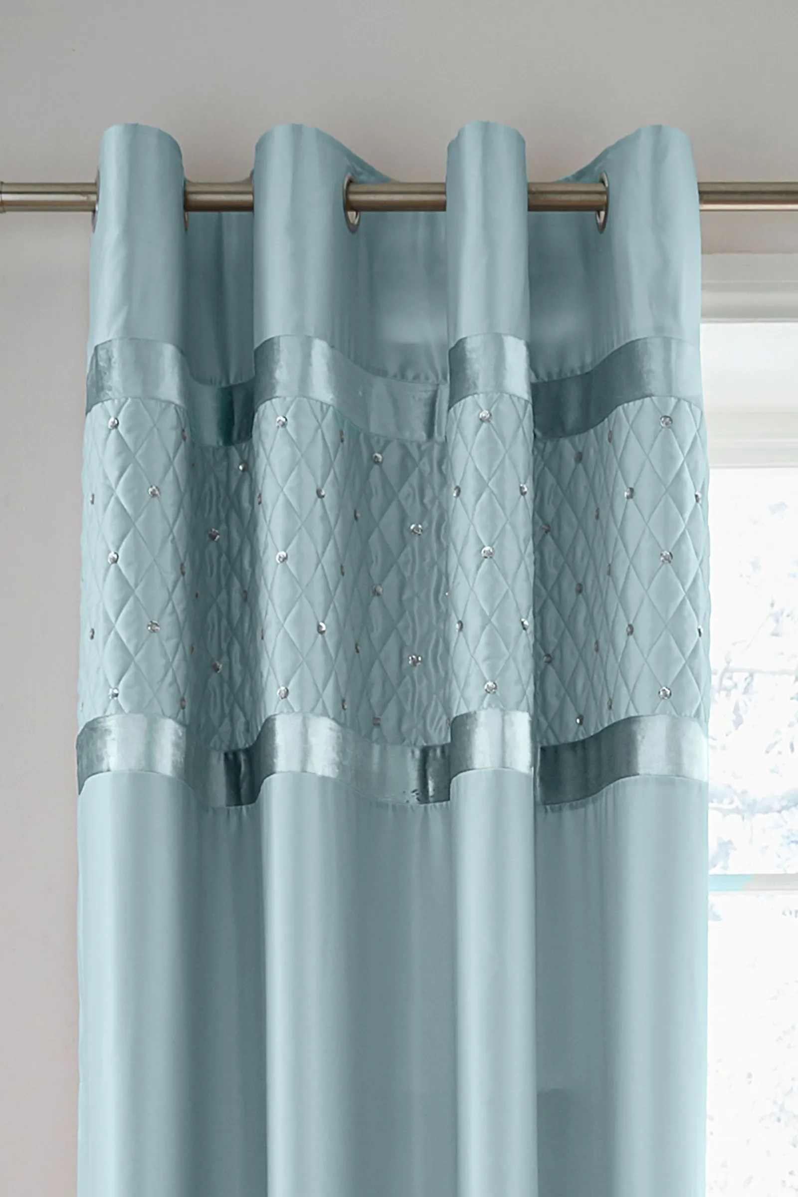 Catherine Lansfield 'Sequin Cluster' Lined Eyelet Curtains in Blue 2