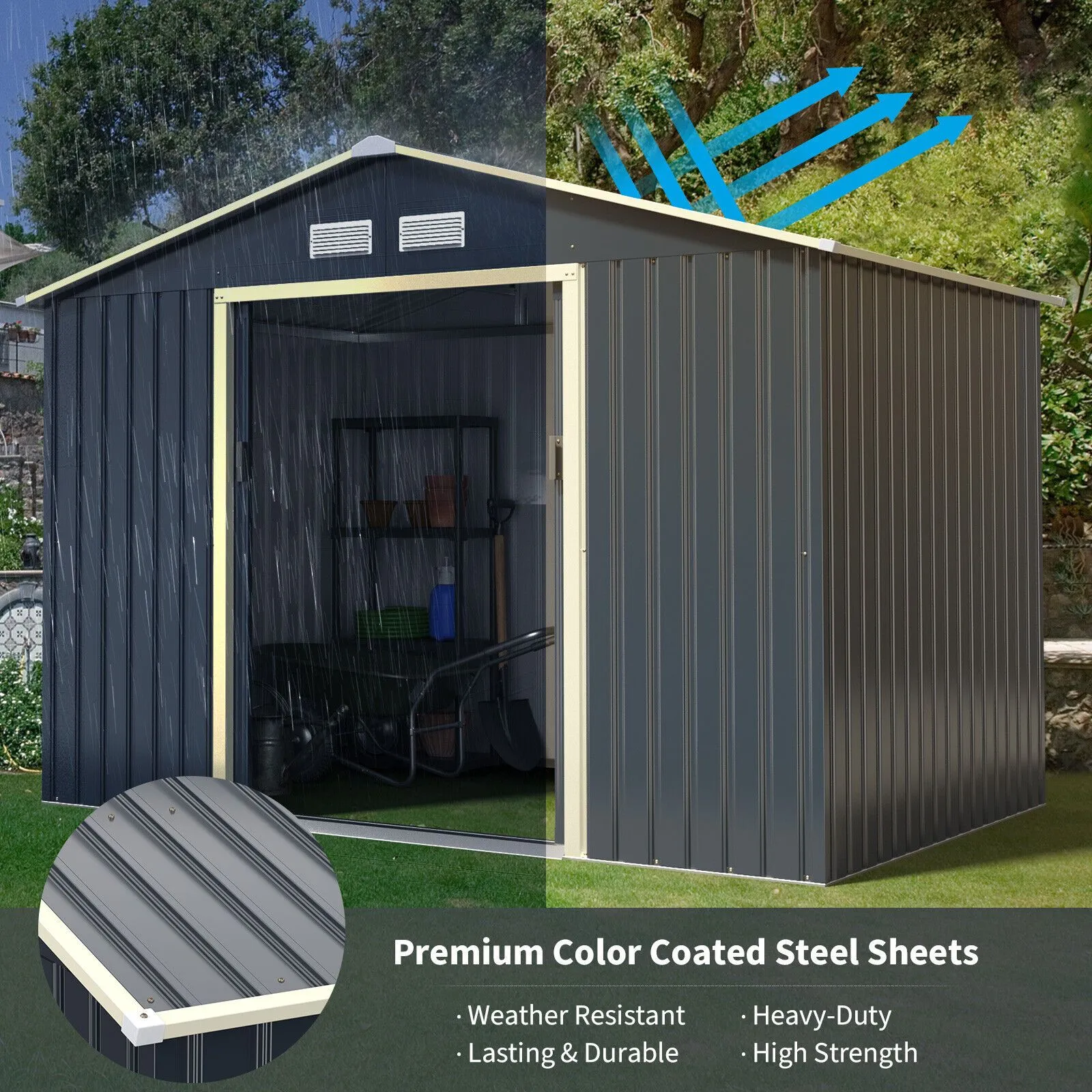 Costway 9.2FT x 6.5FT Outdoor Storage Shed Large Organizer House Double Sliding Door in Grey 3