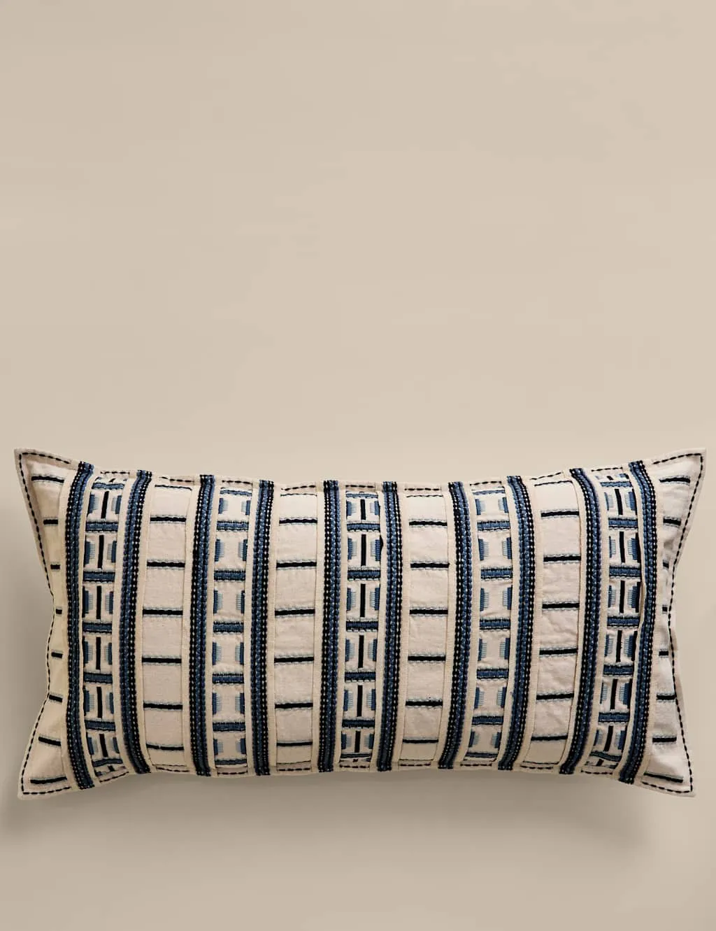 M&S Pure Cotton Embroidered Grid Bolster Cushion Blue Mix