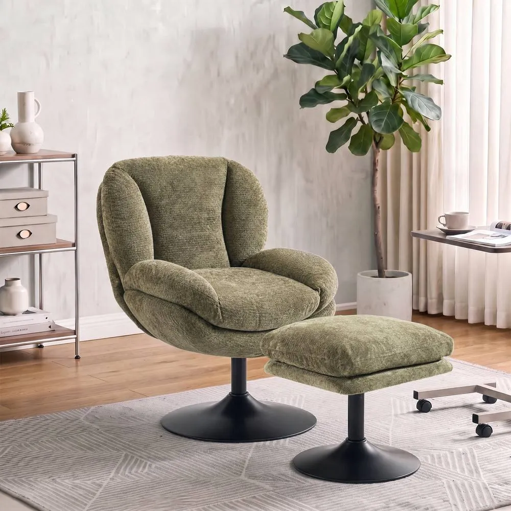 HOMCOM Chenille Lazy Chair with Ottoman, 360° Swivel, Dark Green 2