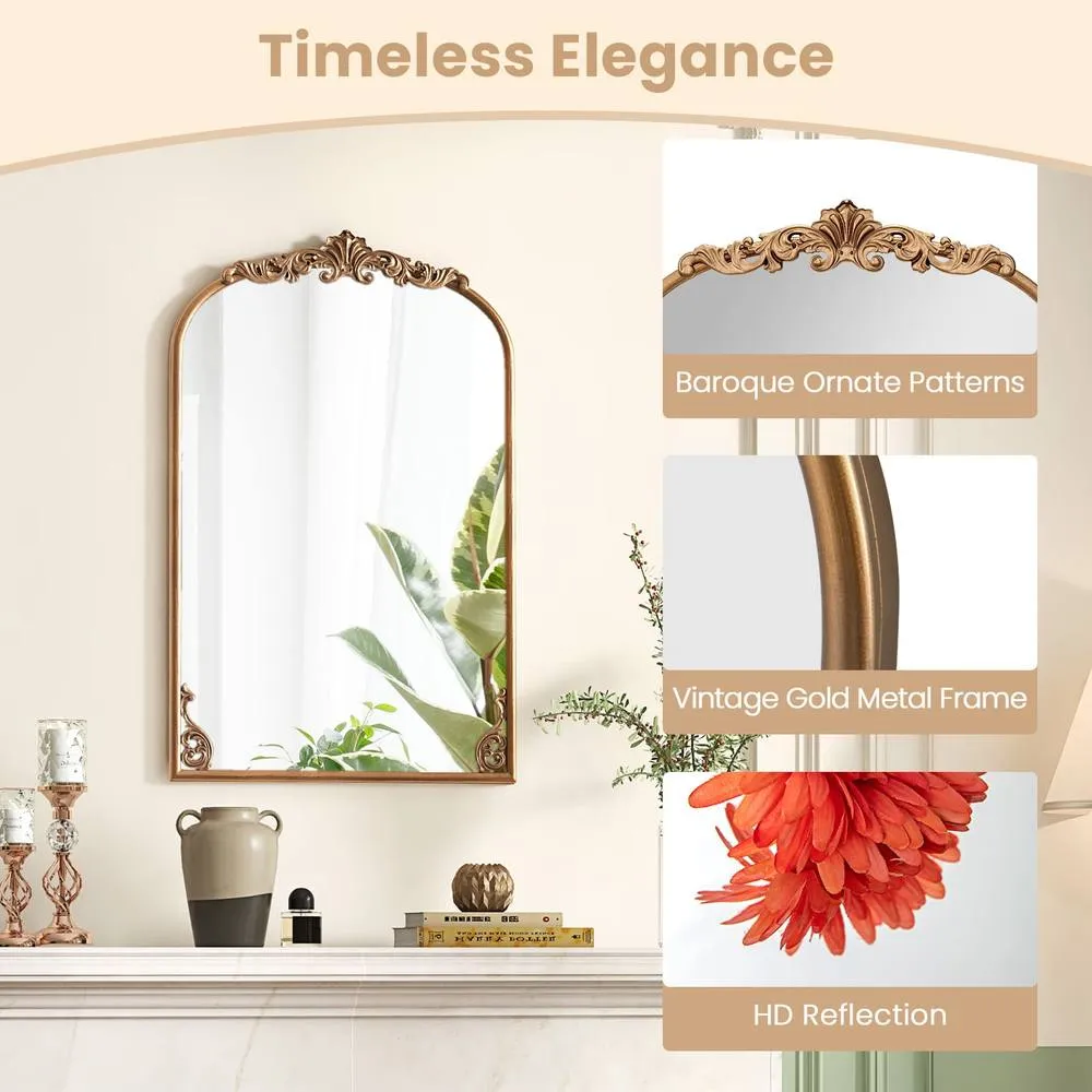 Costway Antiqued Gold Wall Mirror 76 cm x 51 cm Dramatic Arched Mirror-Gold 2
