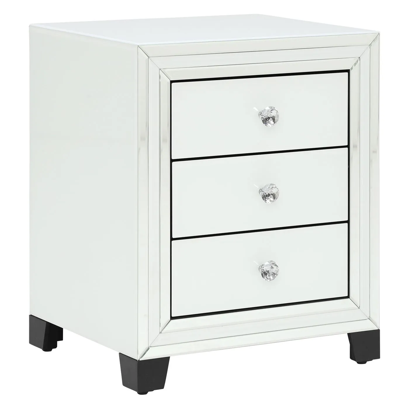 Krystal 3 Drawer Bedside Cabinet, White Glass and Mirror