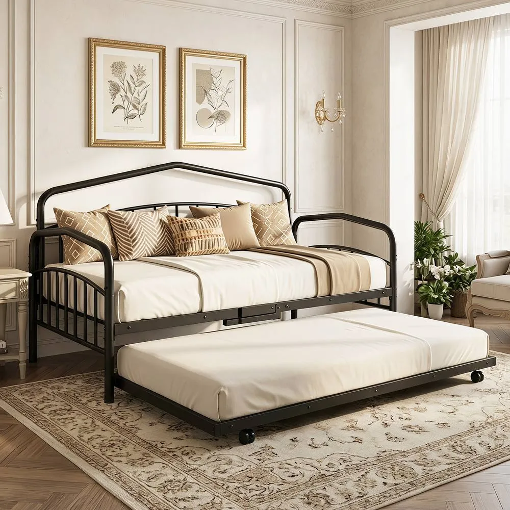 Costway Single Daybed with Rolling Pull Out Trundle No Box Spring Needed in Black 5