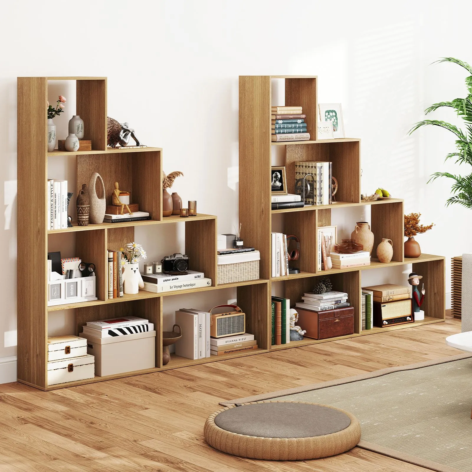 Costway 4-Tier Stepped Bookshelf Modern Ladder Bookcase w/6 Storage Cubes in Natural 5