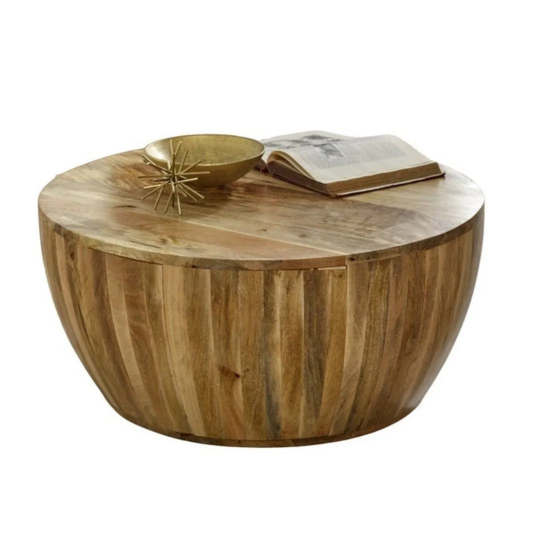Indian Hub Surrey Drum Coffee Table - Solid Mango Wood - L80 x W80 x H35 cm in Brown