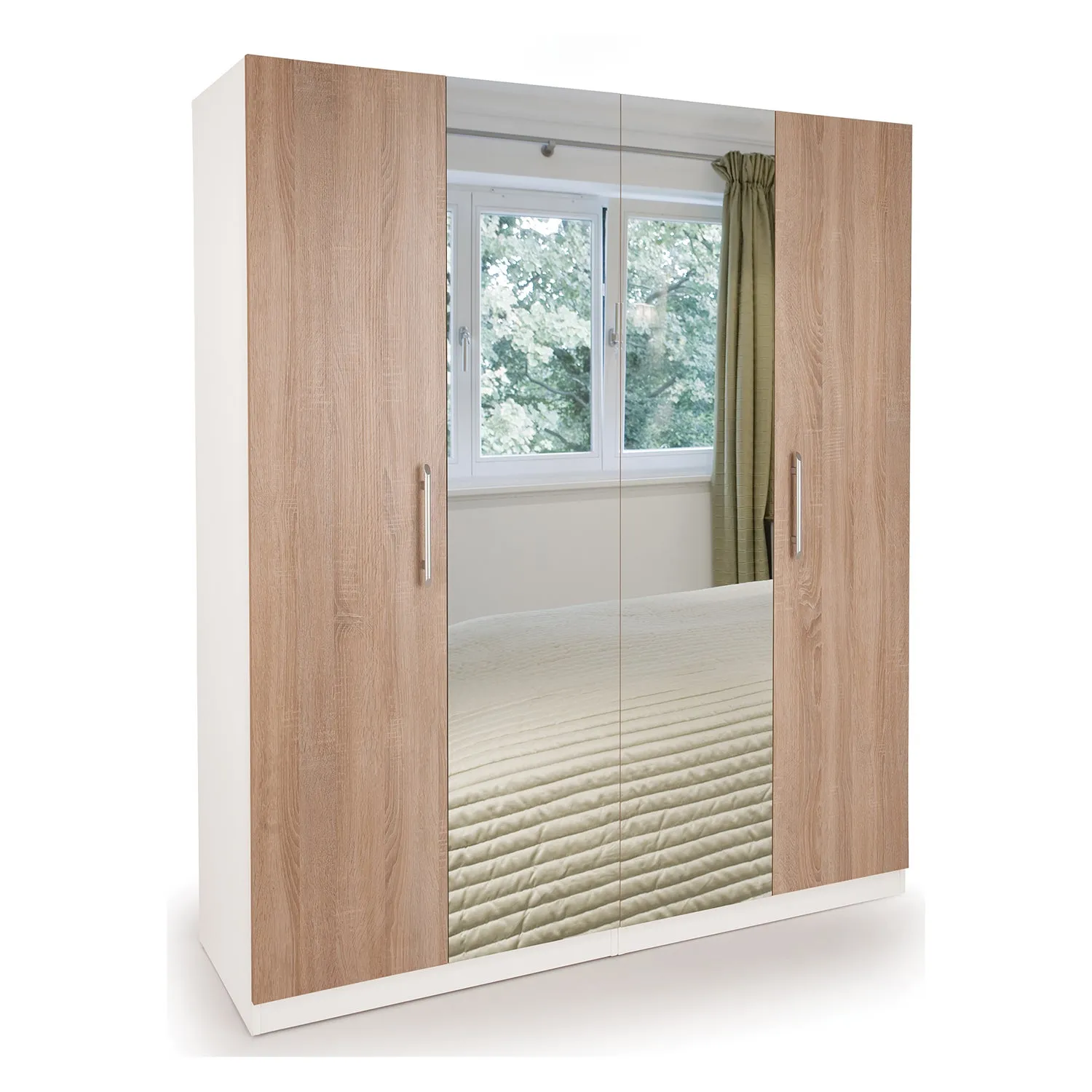 Euston 4 Door Mirror Wardrobe White and Brown