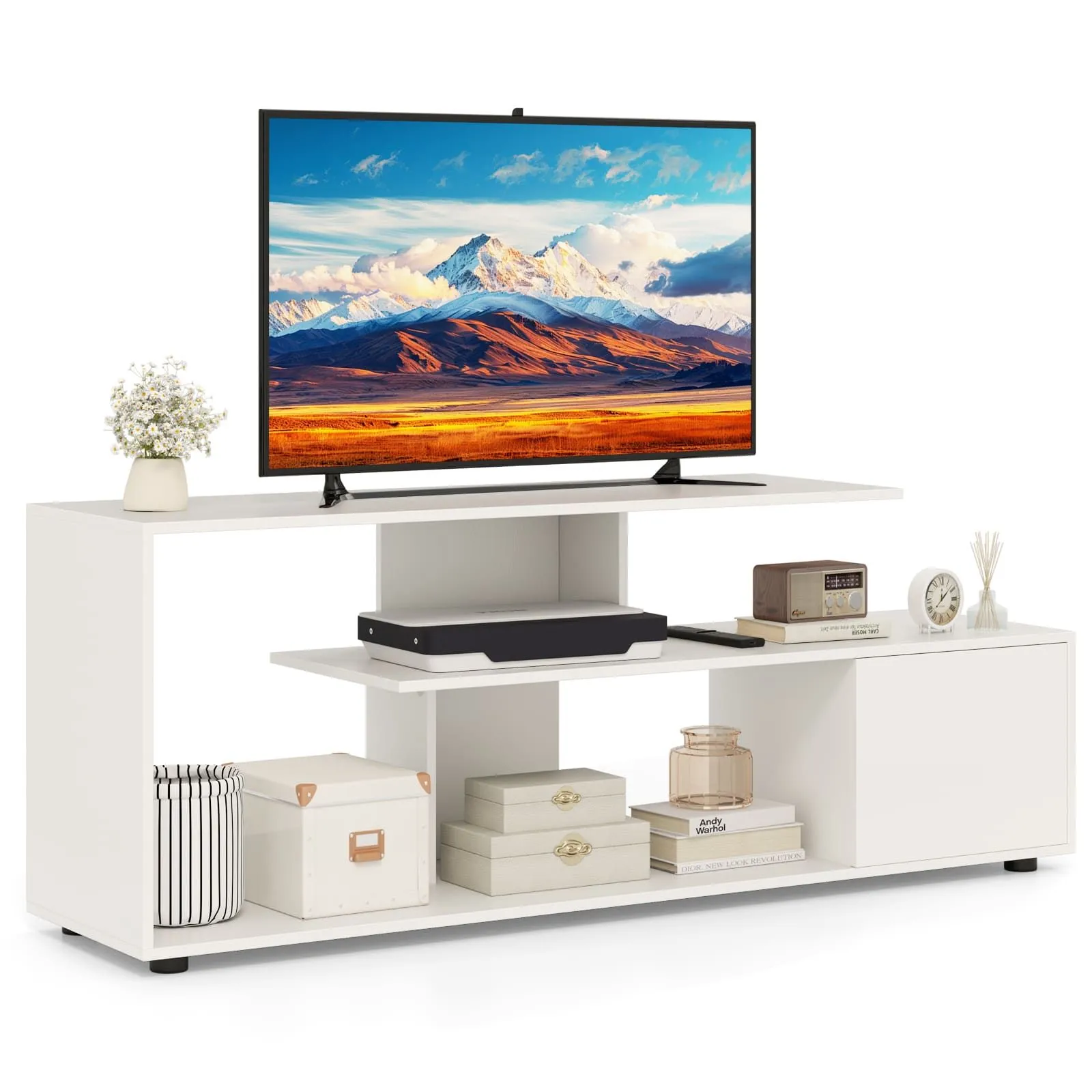 Costway TV Stand for TVs up to 55" 3-Tier Media Console Table w/Storage-White in White