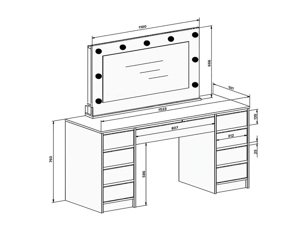 Vente-unique Double Dressing Table With LED Mirror - 9 Drawers - Gloss White 6
