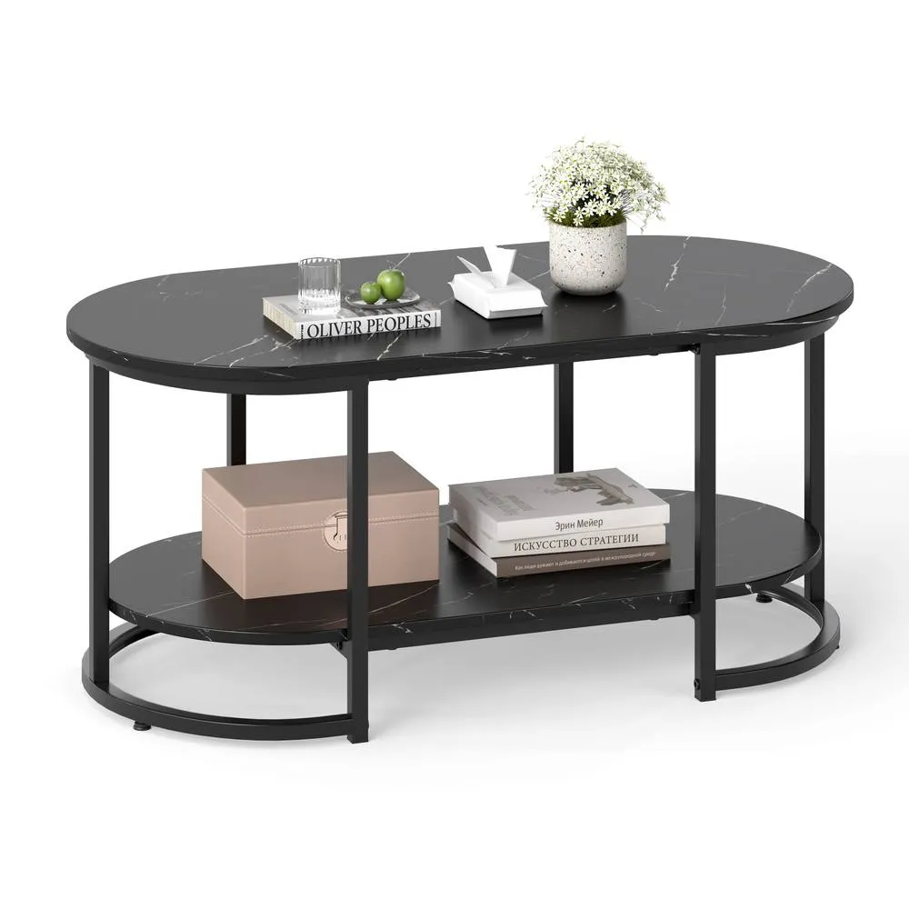 Costway Marble Coffee Table Modern 2-Tier Center Table with Shelf-Black in Black
