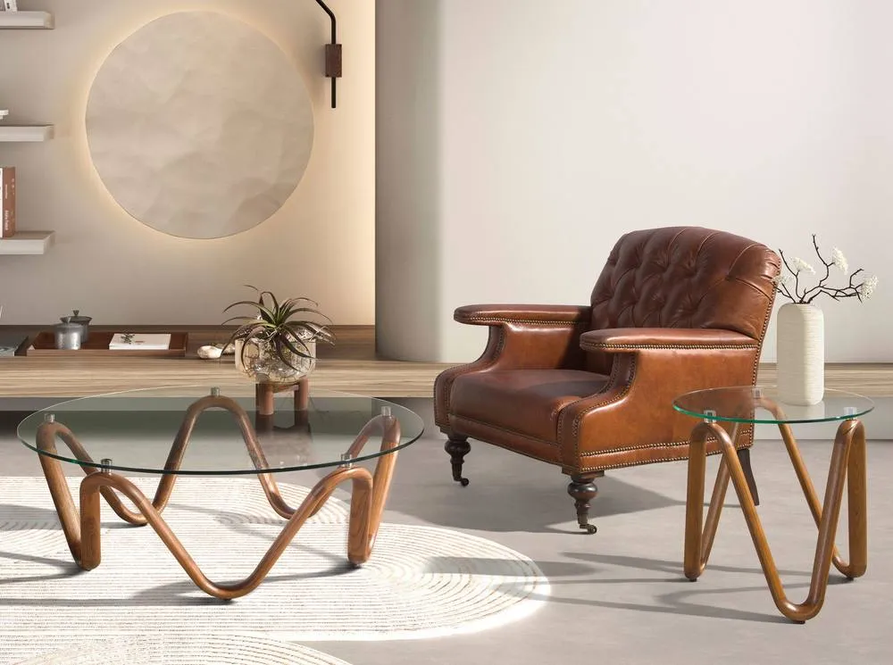 Angel Cerda Round Coffee Table Tempered Glass Top, Walnut-Colour in Brown 6