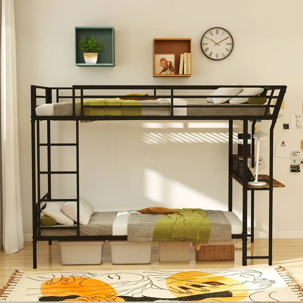 Costway Bunk Bed Single over Single Loft Bed with Wooden Tabletop & Shelf in Black 4