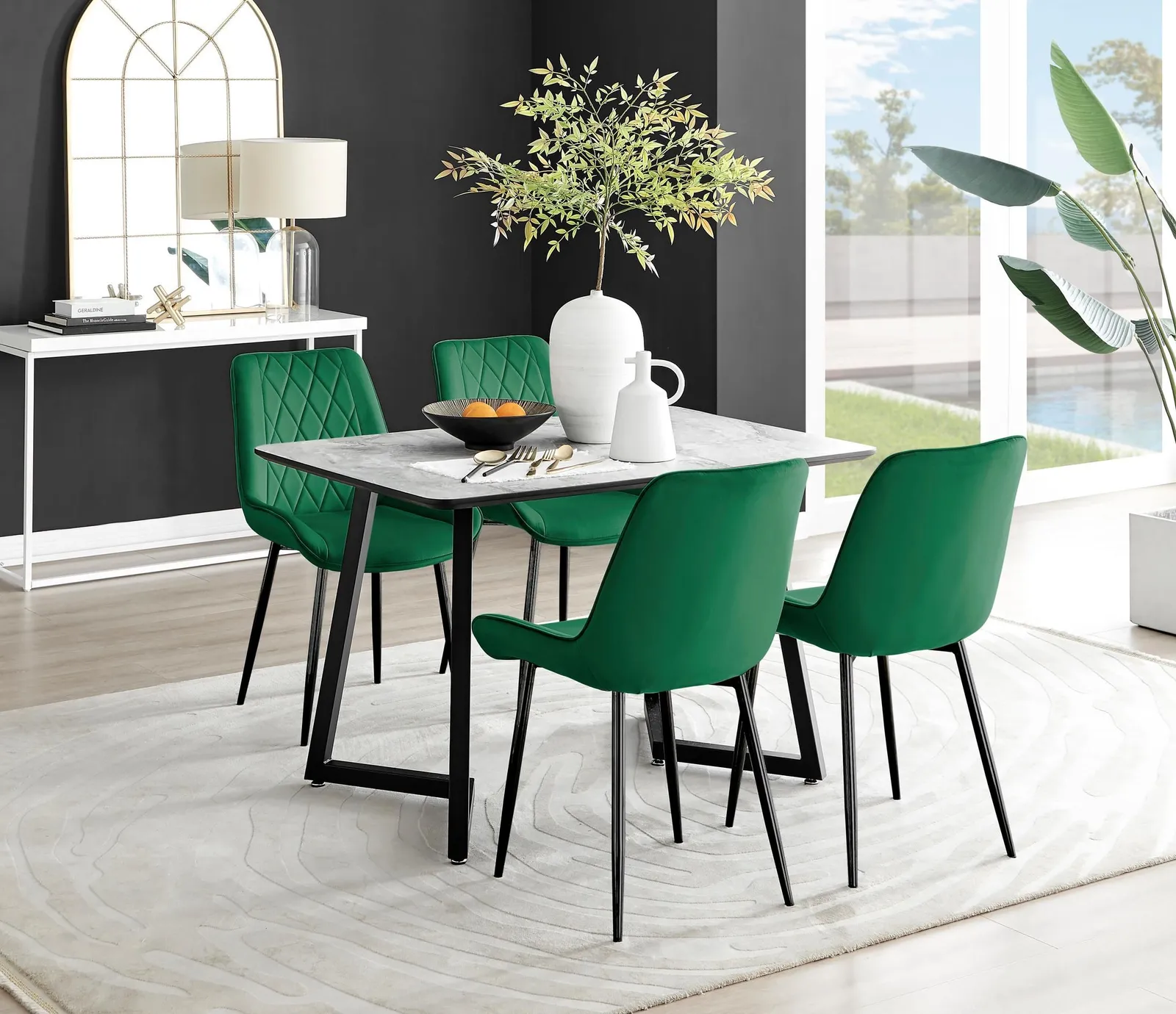 FurnitureboxUK Carson White Marble Effect Dining Table & 4 Pesaro Black Leg Chairs in Green 1