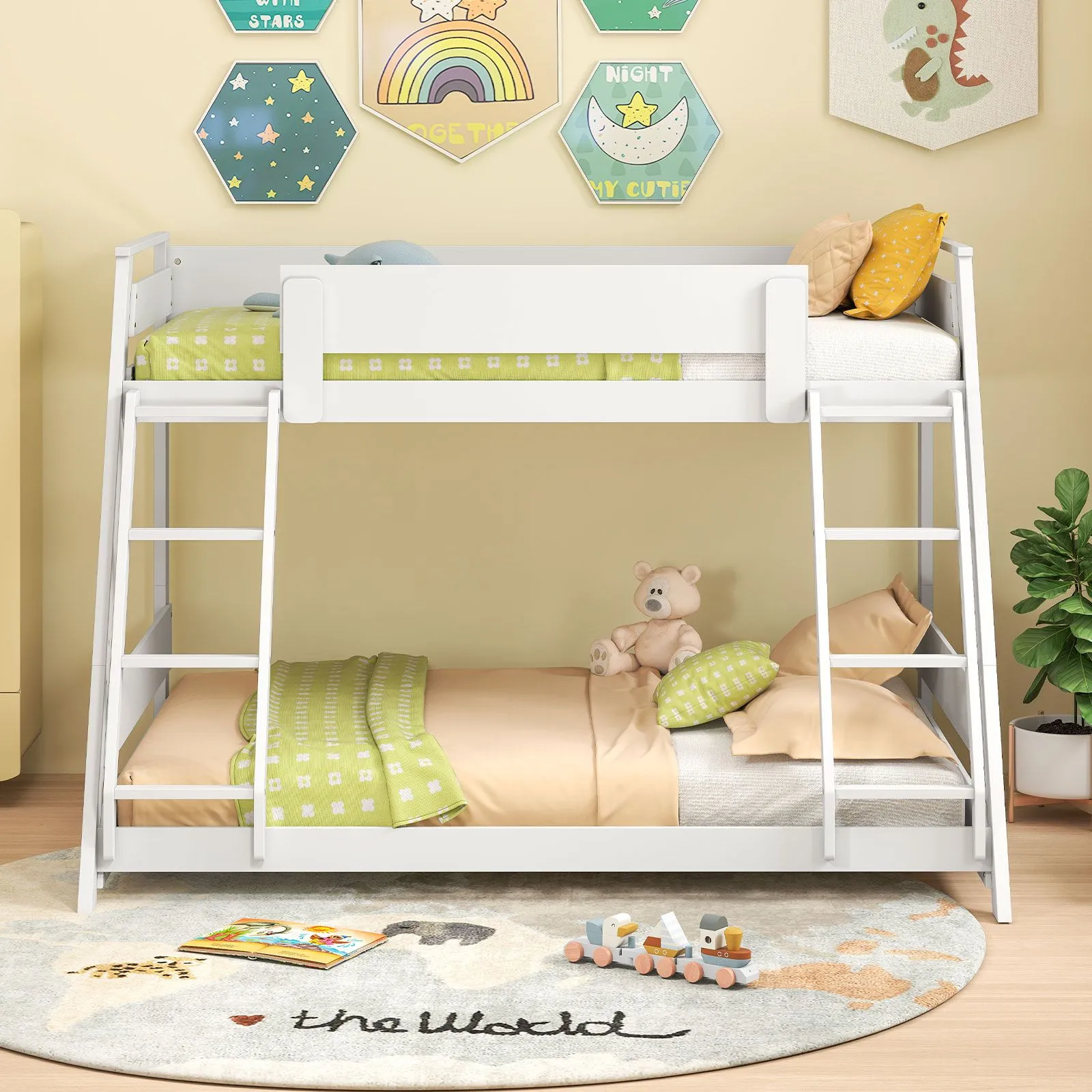 Costway 2-in-1 Single Over Double Bunk Bed Convertible Bed Frame w/ 2 Ladders in White 3