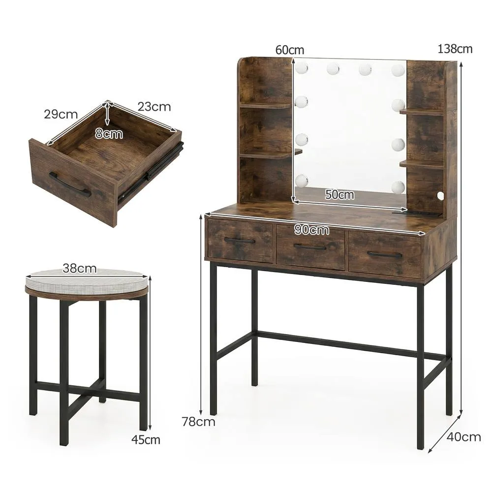 Costway Vanity Desk w/Mirror & Lights Makeup Table & Stool Set w/Power Outlets in Brown 2