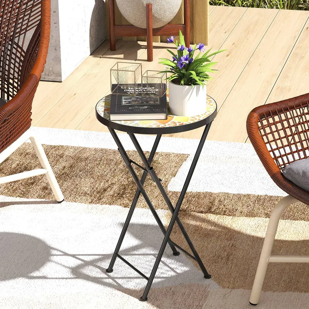 OUTSUNNY Mosaic Garden Table, 35.5cm Folding Coffee Table in Yellow
