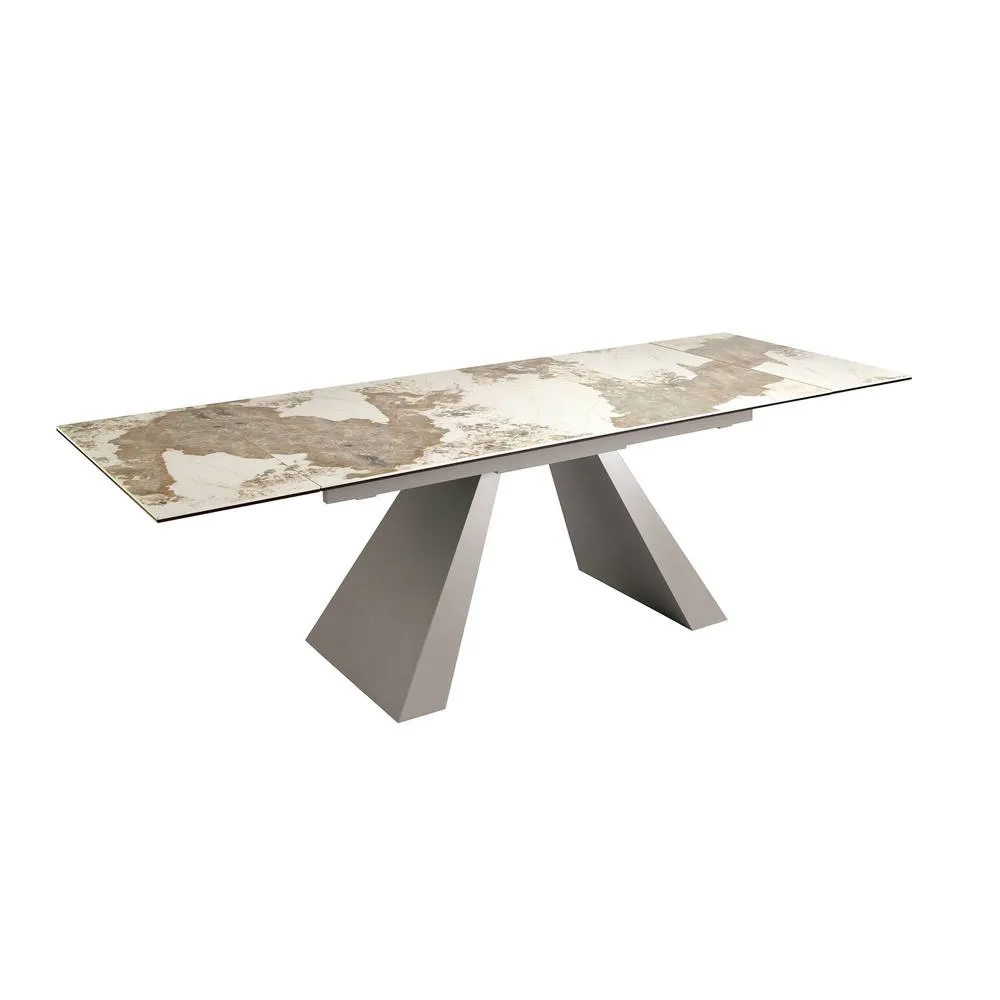 Angel Cerda Rectangular Extendable Dining Table, Porcelain Marble, Taupe Steel