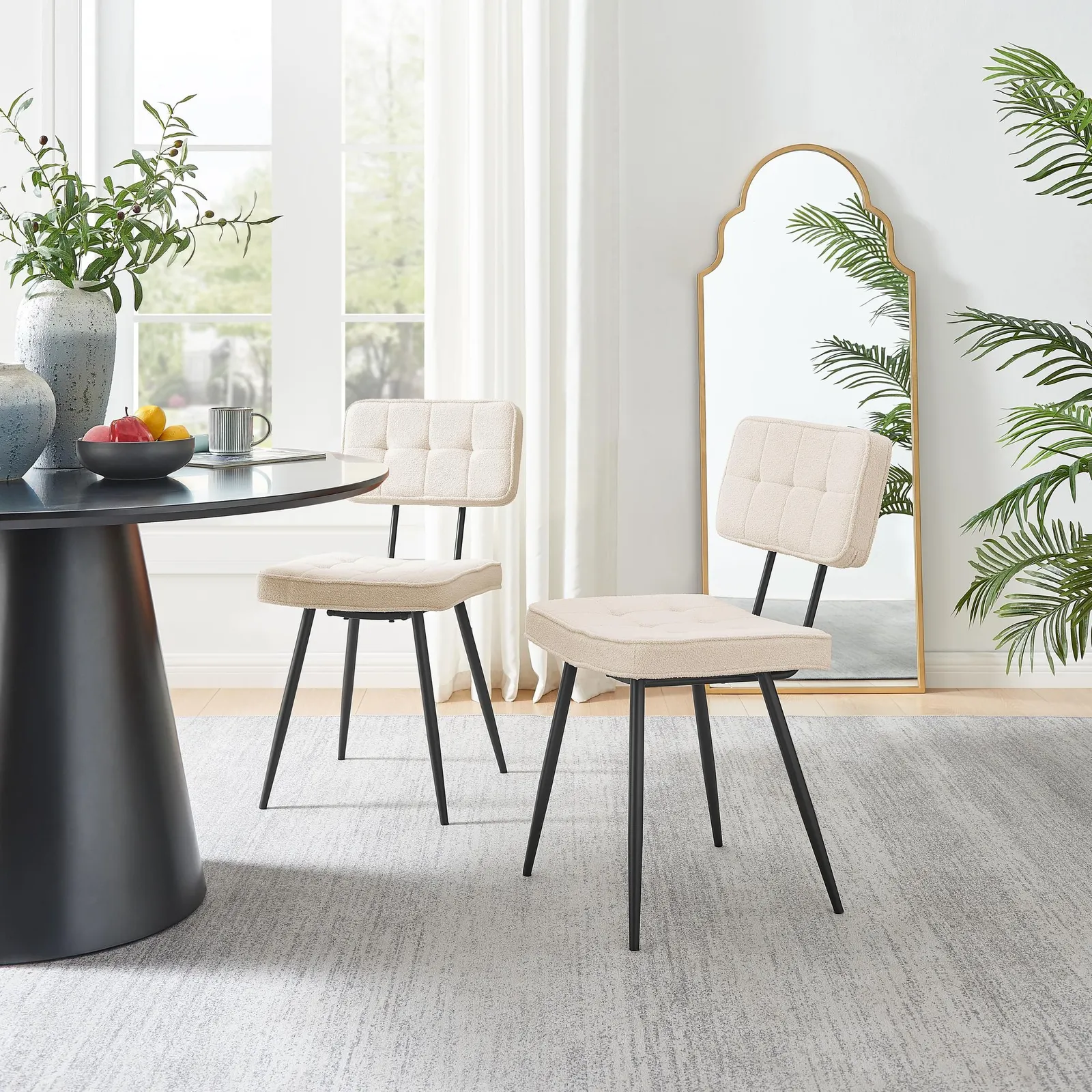 FurnitureboxUK Braxton 2x Cream Boucle Fabric Black Leg Dining Chair 2