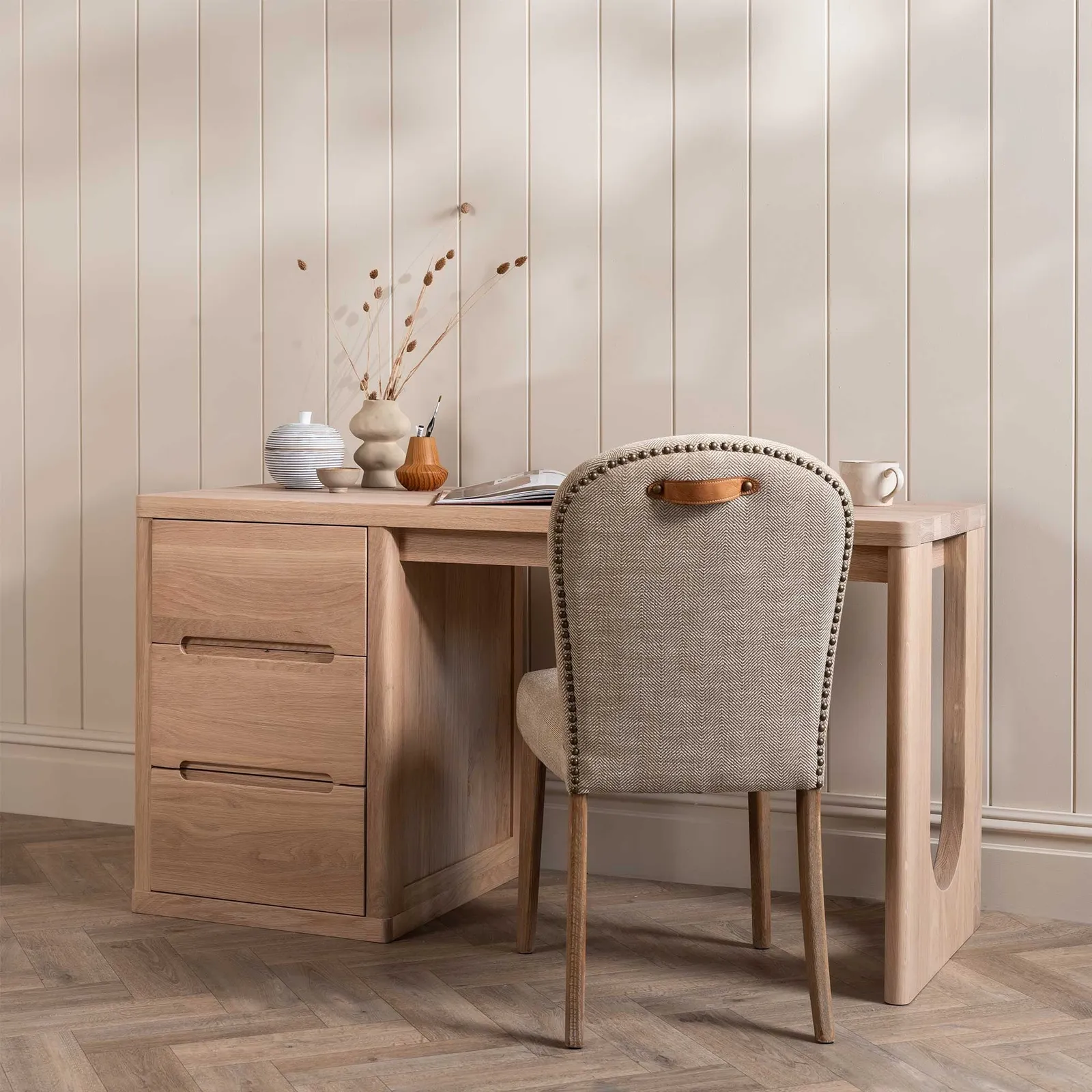 Maurice Dining Chair H'bone+Tan Handle, Neutral Fabric | Barker & Stonehouse 3