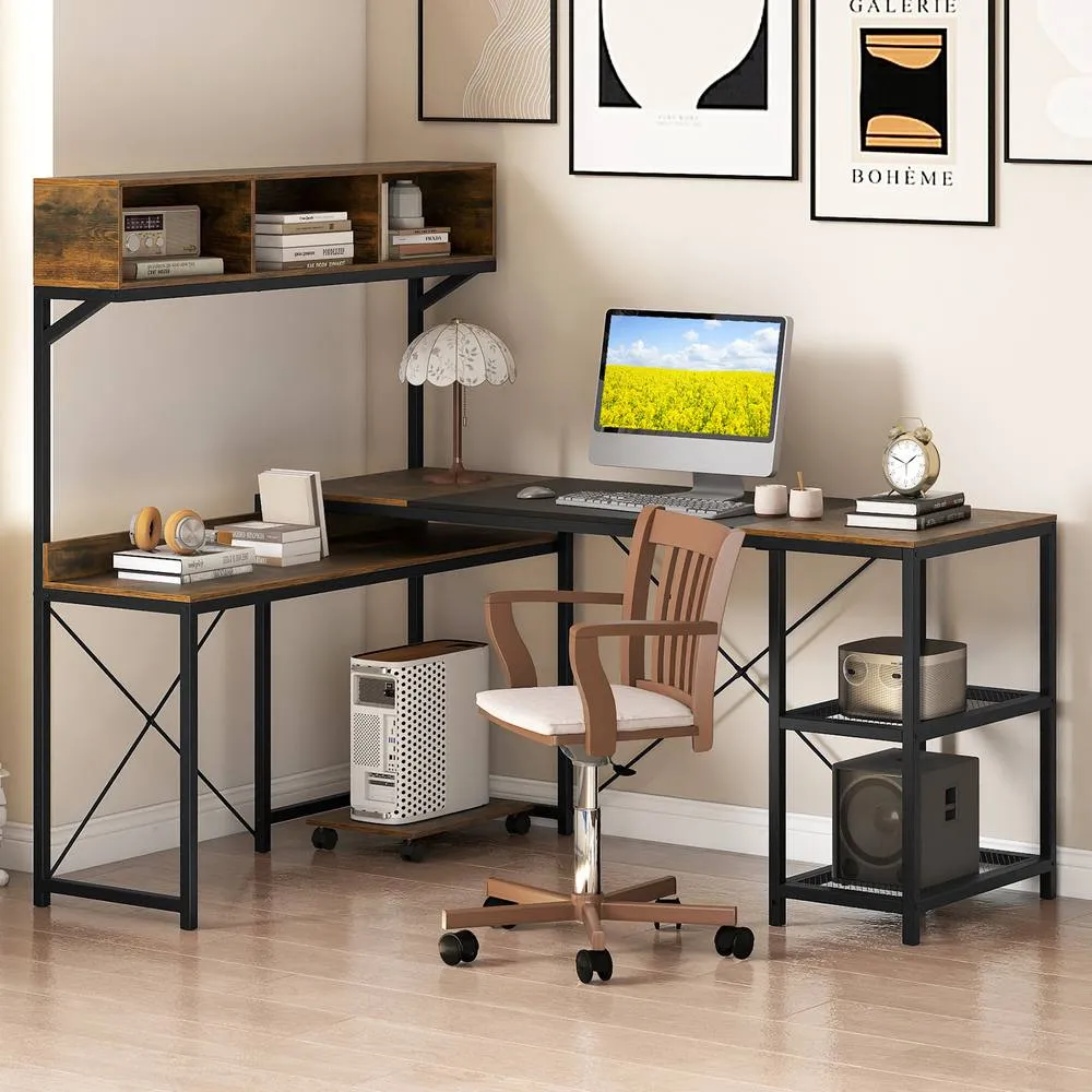 Costway L-Shaped Computer Desk Reversible Corner Workstation w/ Storage Hutch in Dark Brown 3