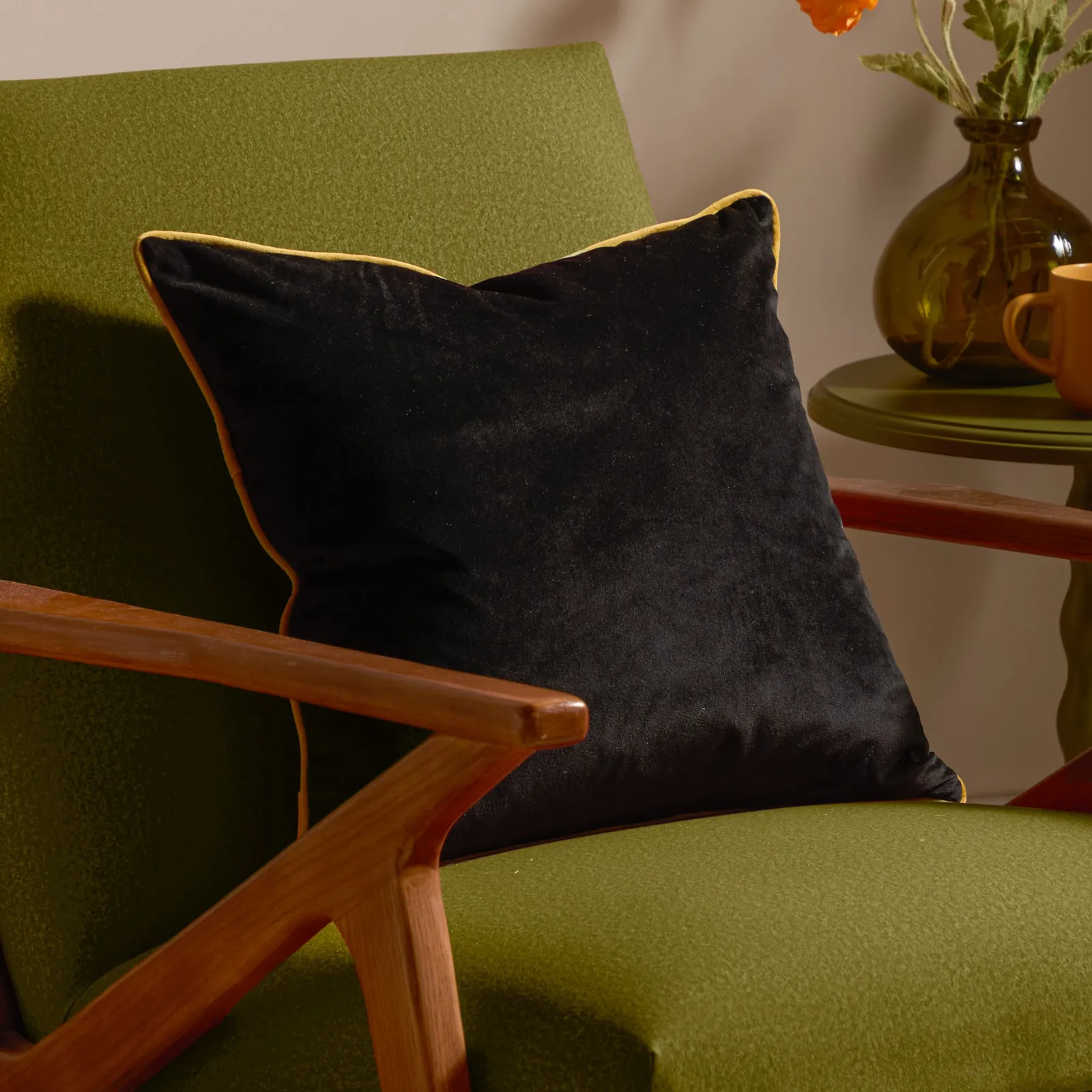 Furn Meridian Velvet Piped Cushion in True Black