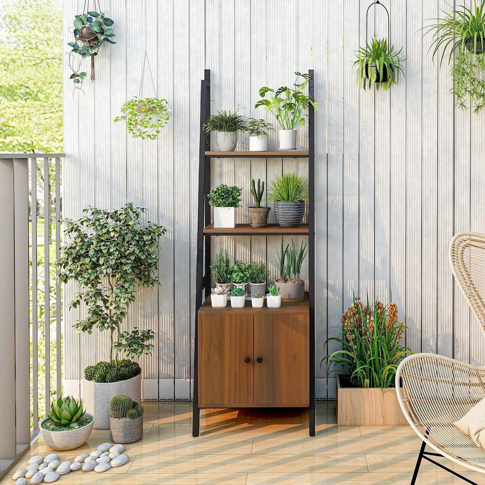 Costway 4 Tiers Ladder Shelf with Cabinet 160 CM Tall Bookshelf Industrial Bookcase in Brown 6