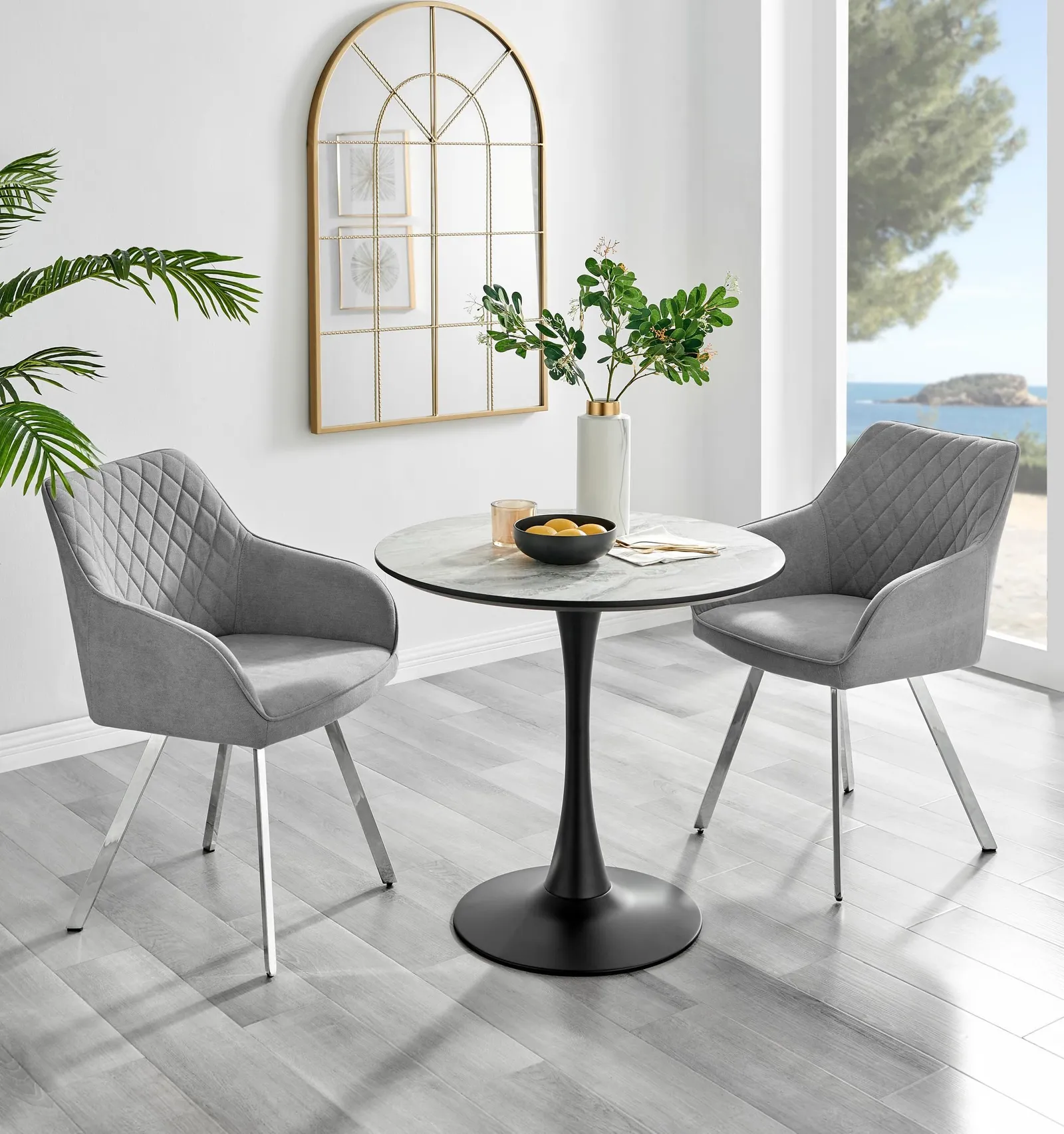 FurnitureboxUK Elina White Marble Effect Scratch Resistant Dining Table & 2 Falun Silver Leg Fabric Chairs in Light Grey