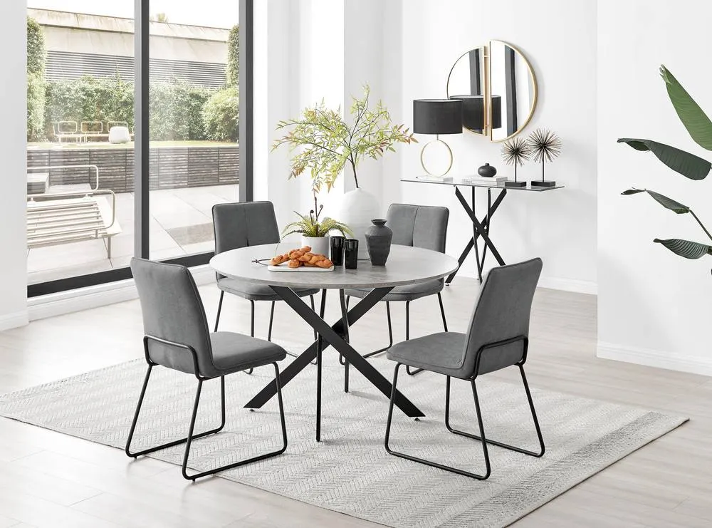 FurnitureboxUK Novara Grey Concrete Effect Black Leg 120cm Round Dining Table & 4 Halley Chairs in Dark Grey 1