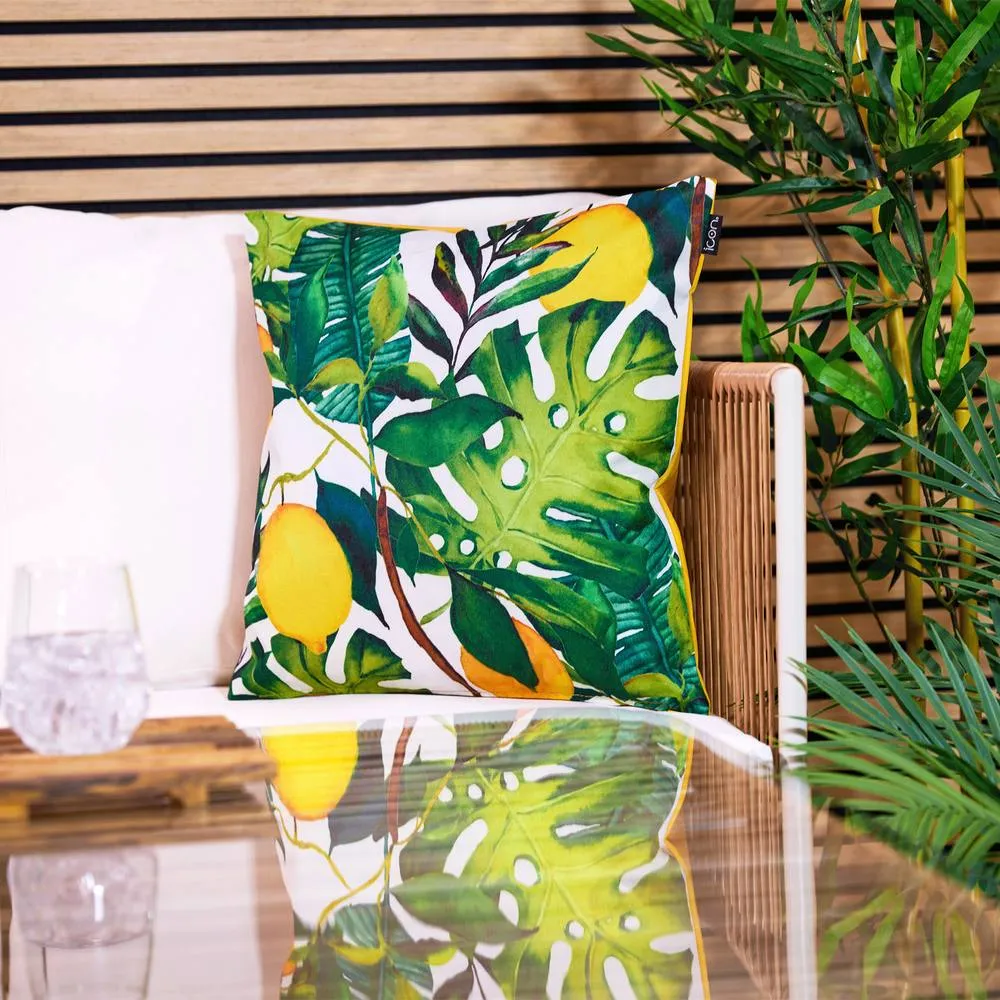 icon Eucalyptus Print with Olive Green Back Outdoor Cushion in Yellow