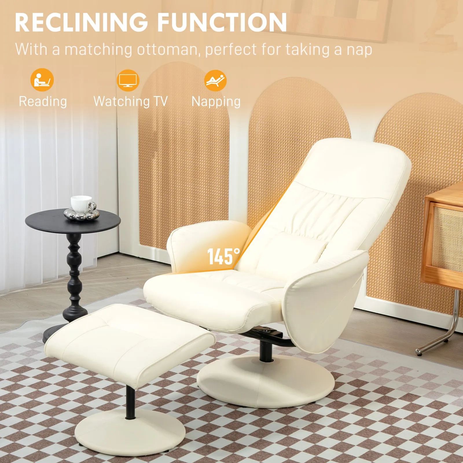 HOMCOM PU Leather Armchair & Footrest Swivel Recliner w/ Ottoman Cream White 4