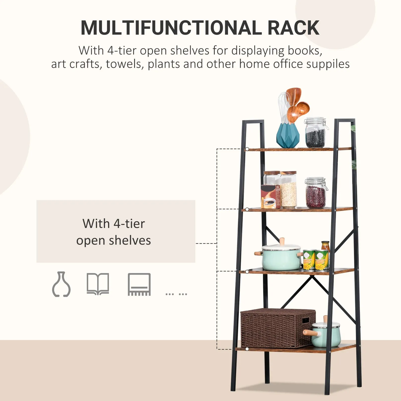 HOMCOM 4-Tier Minimalistic Ladder Shelf Unit Steel Frame Home Display Storage in Brown 4