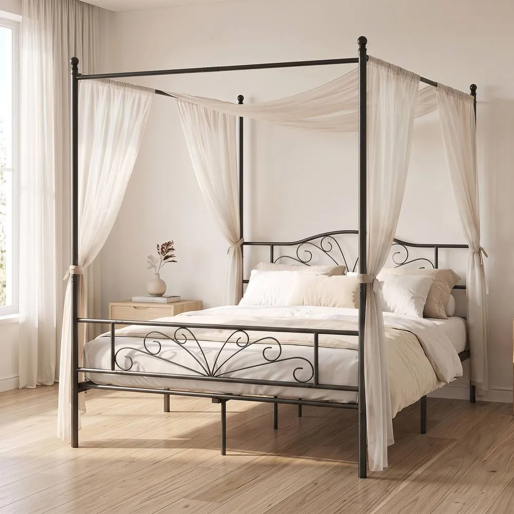 HOMCOM Canopy Bed Frame Double Size, Metal Platform Bed Frame, Black 2