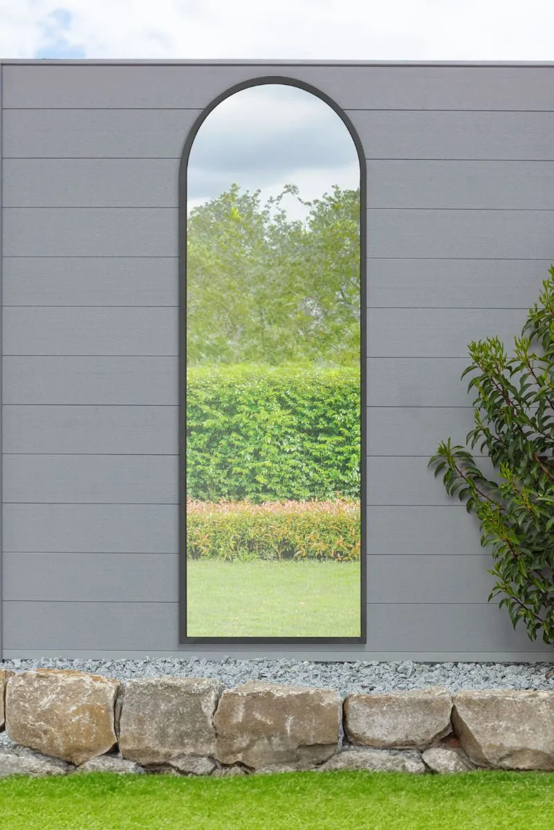 MirrorOutlet Black Framed Arched Garden Wall Mirror 71" X 24" (180CM X 60CM)