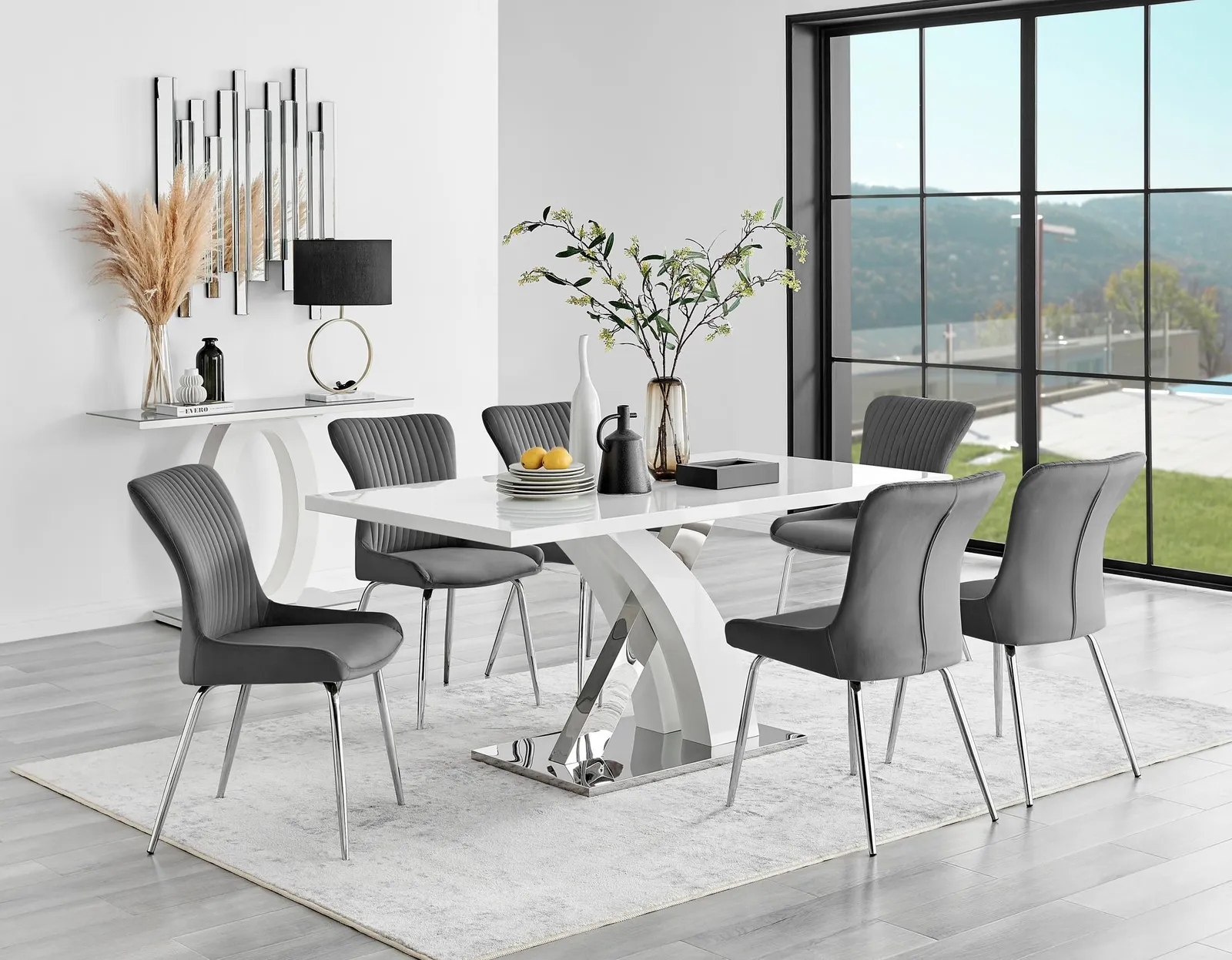 FurnitureboxUK Atlanta 6 White Dining Table & 6 Nora Silver Leg Chairs in Dark Grey 1