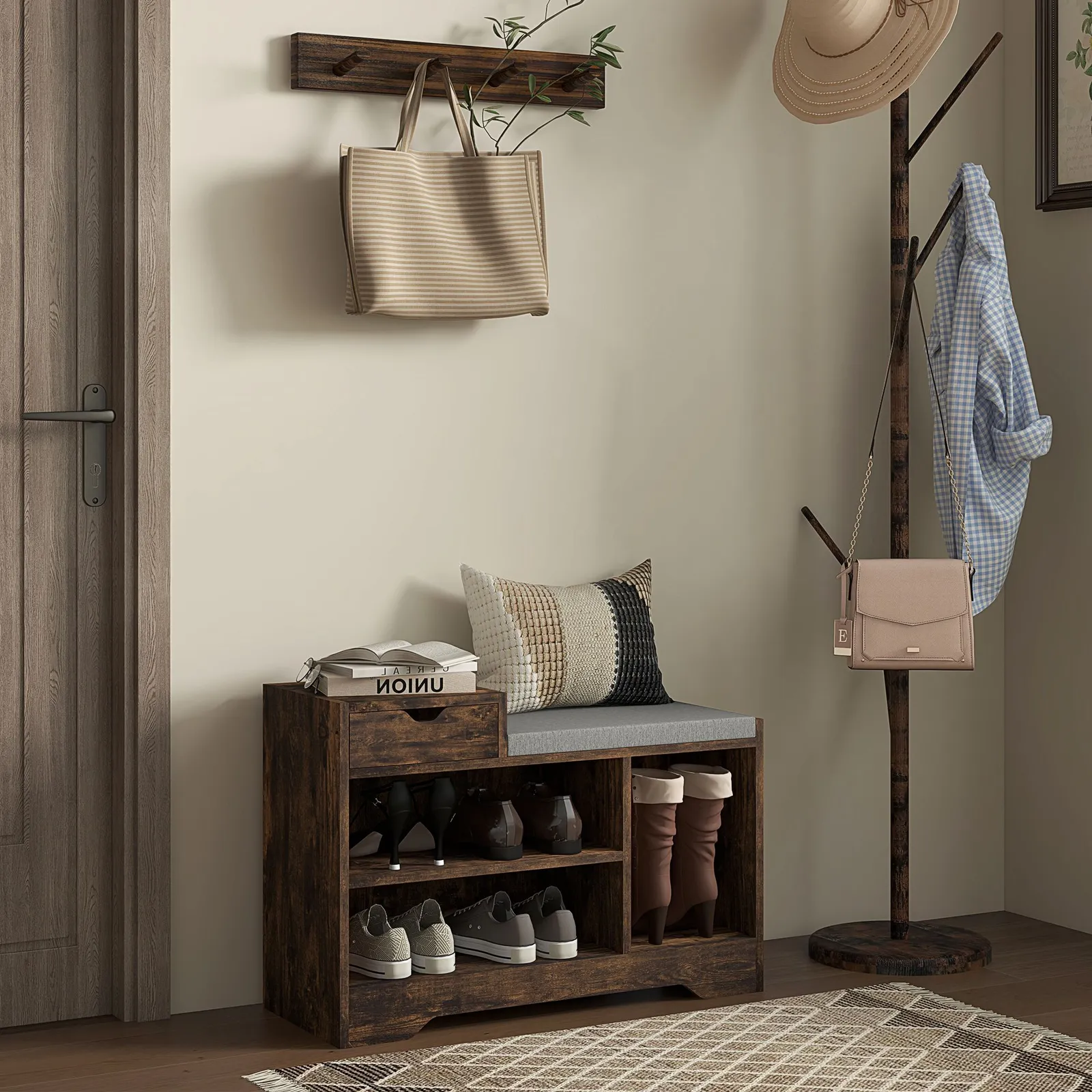 HOMCOM Upholstered Entryway Shoe Bench with Storage Drawer Open Shelf in Brown