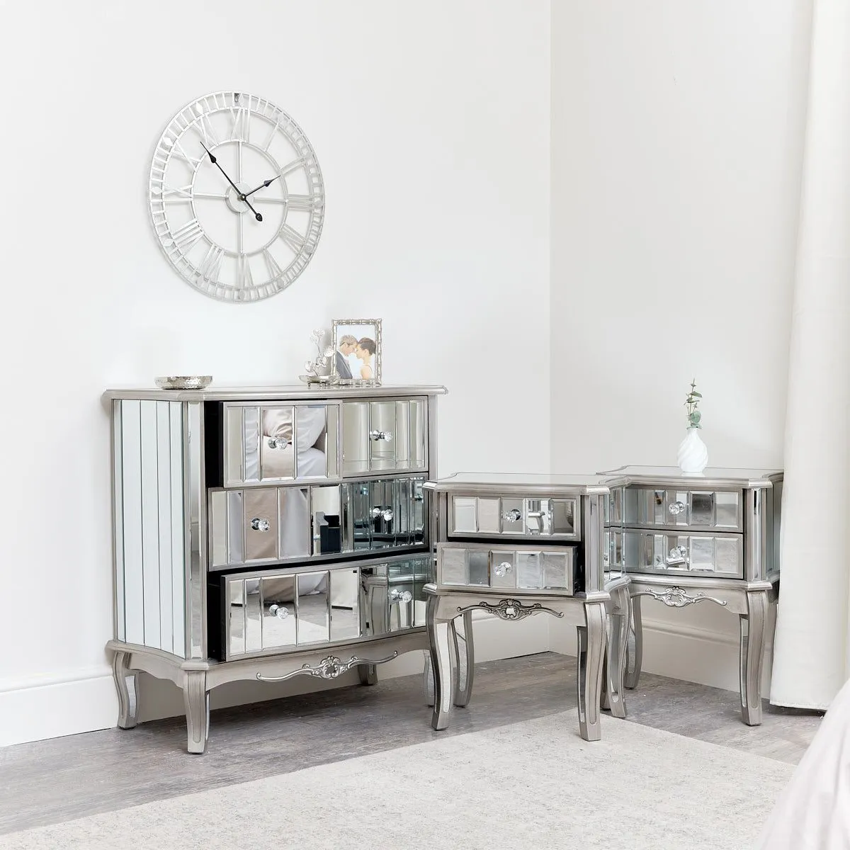 Melody Maison Bedroom Furniture, Silver Mirrored Chest Of Drawers & Pair Of Bedside Tables - Tiffany Range in Metallic Silver 2