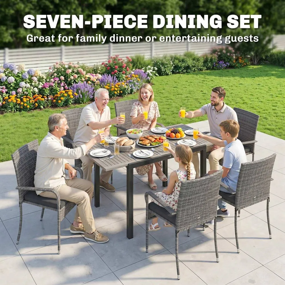OUTSUNNY 6 Seater Rattan Garden Furniture Set with Stackable Chairs in Light Grey 4