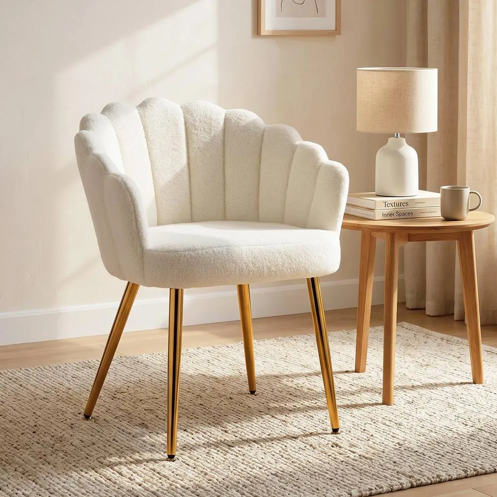 HOMCOM Petal-Back Lounge Chair with Faux Lamb's Wool & Metal Legs, Cream 2