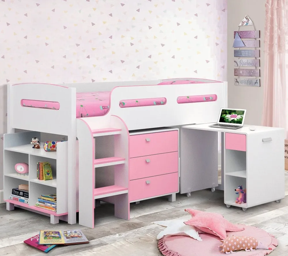 Wooden Kids Mid Sleeper Sleep Station Desk  Cabin Storage Bed Frame 3ft Single Kimbo Pink and White