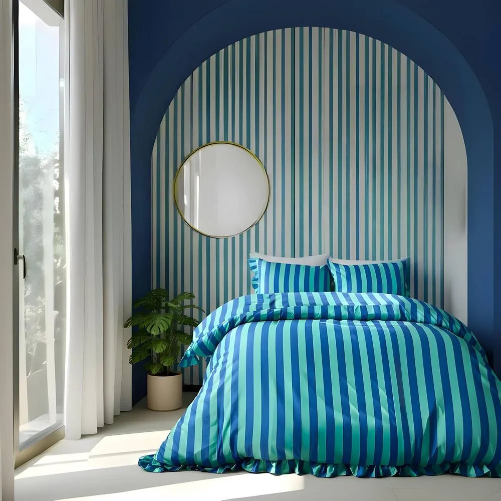 OHS Frill Duvet Cover Bedding Set Pillowcase Stripe Quilt Luxury in Blue