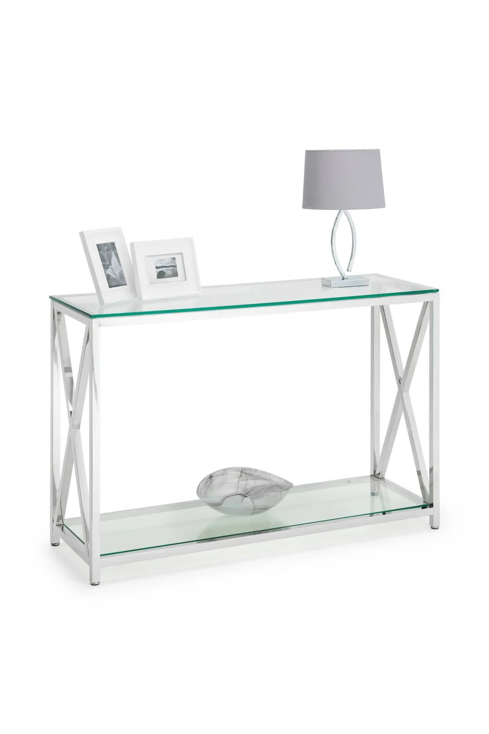 Julian Bowen Miami Glass Top Cross Frame Console Table with Shelf in Silver 3