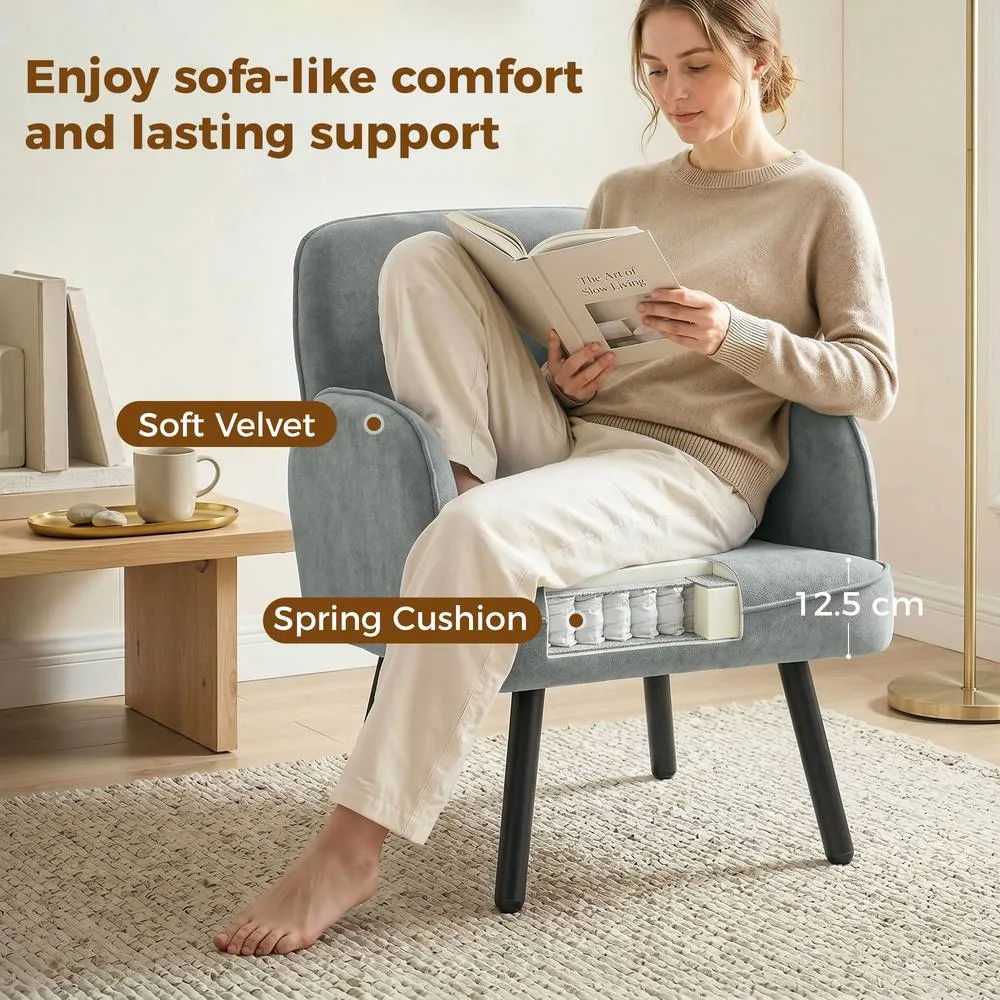 HOMCOM Lounge Chair Velvet Upholstered Spring Cushion Grey 4