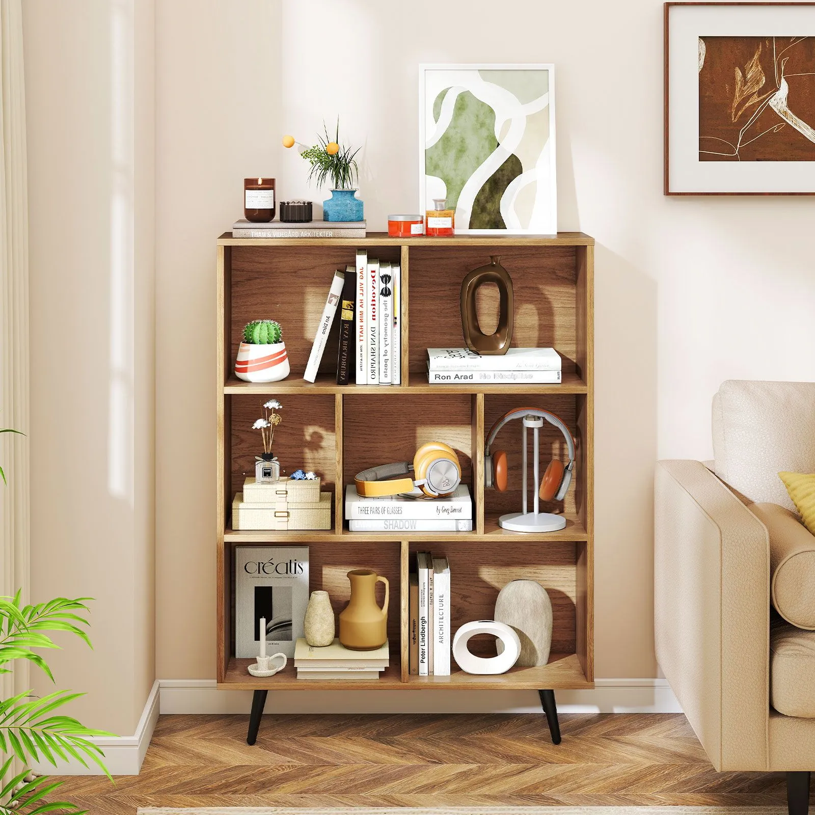 Costway 7-Cube Bookcase Mid Century Modern Storage Organizer in Natural 3