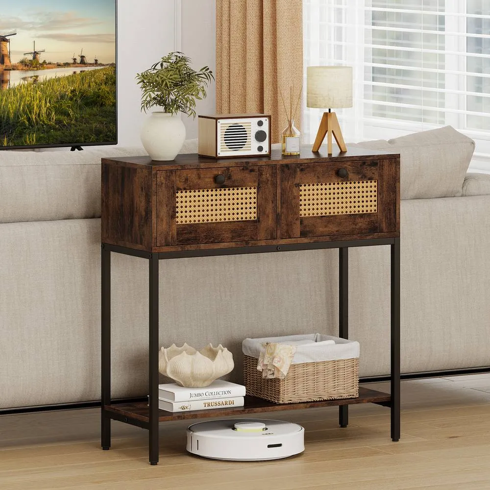 Costway 80CM Boho Console Table Modern Wooden Entryway Table w/2 Drawers in Brown 4