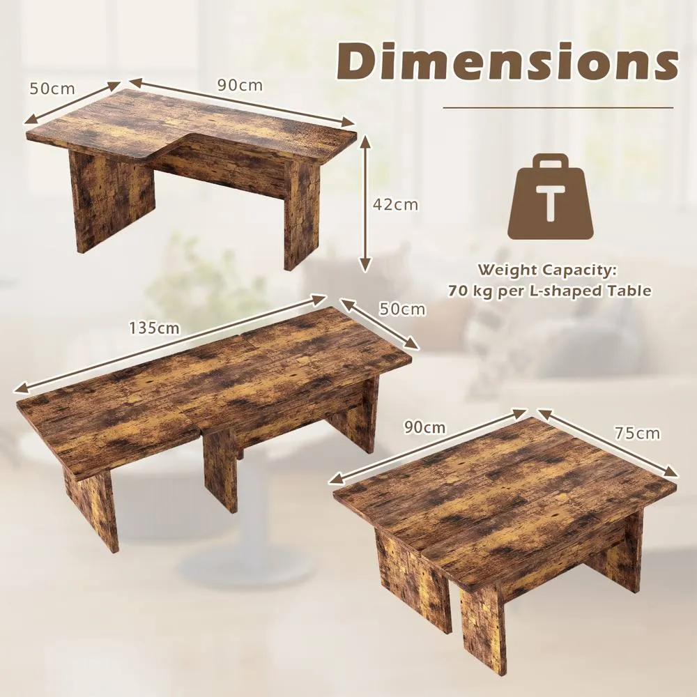Costway 2PCS Modular Coffee Table Industrial Center Tables Wooden Side Table in Walnut 2