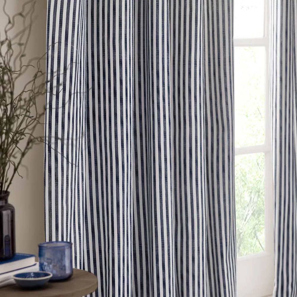Yard Hebden Striped 100% Cotton Lined Eyelet Curtain Pair in Blue 3