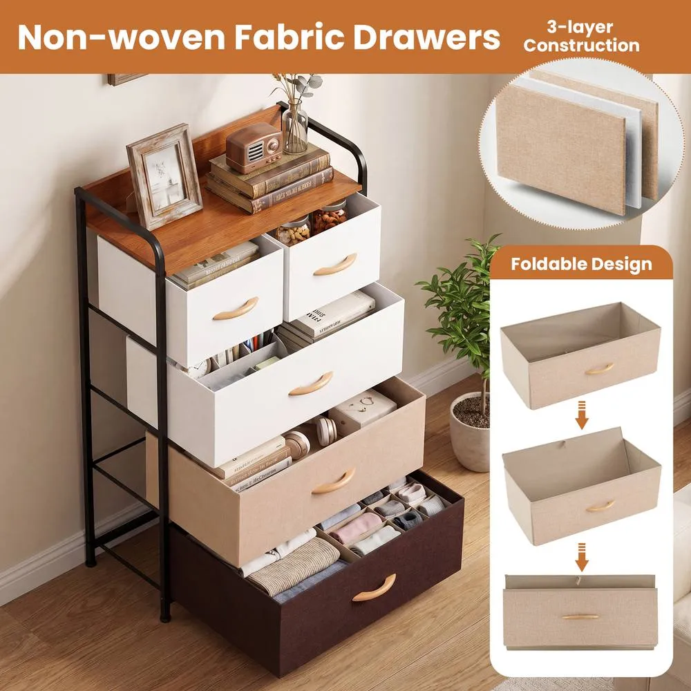 Costway 5-Drawer Fabric Dresser Tall Narrow Storage Tower Organizer With Metal Frame in Brown 5