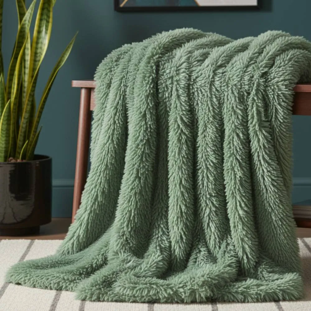 Snug City Cuddly Extra Fluffy Throw Ultra Soft Plush Blanket Sofa Bed Home Decor in Green