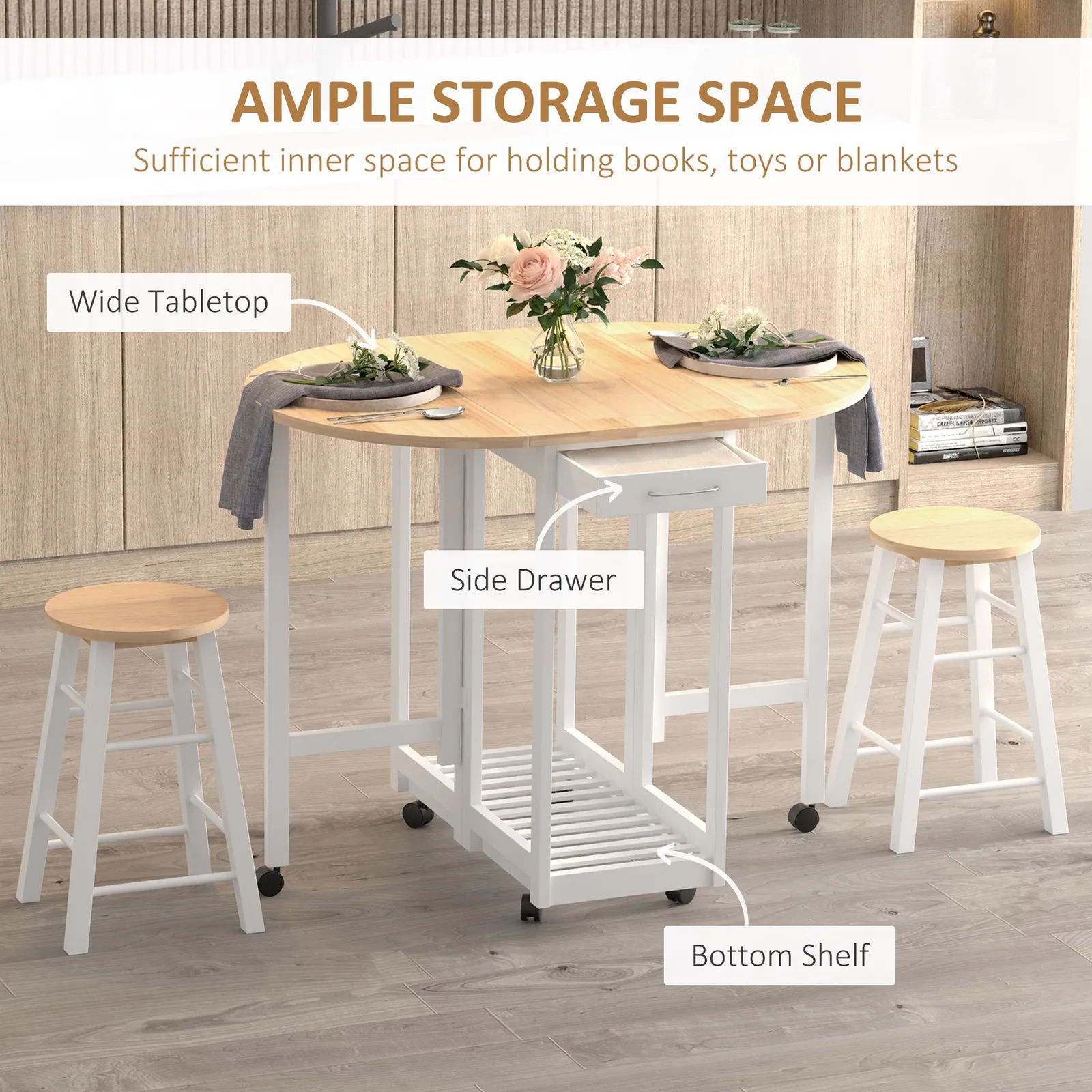 HOMCOM 3pc Wooden Kitchen Cart Mobile Rolling Trolley Folding Stools Wheels in White 5