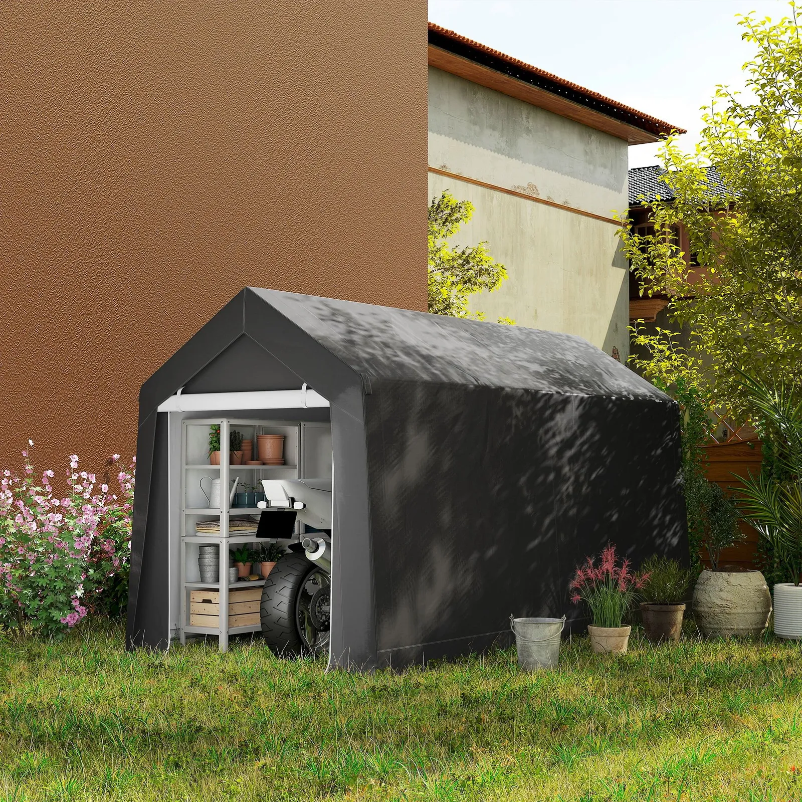OUTSUNNY 2.1 x 3.6(m) Garden Storage Shed, Waterproof & Heavy Duty Portable Shed in Dark Grey