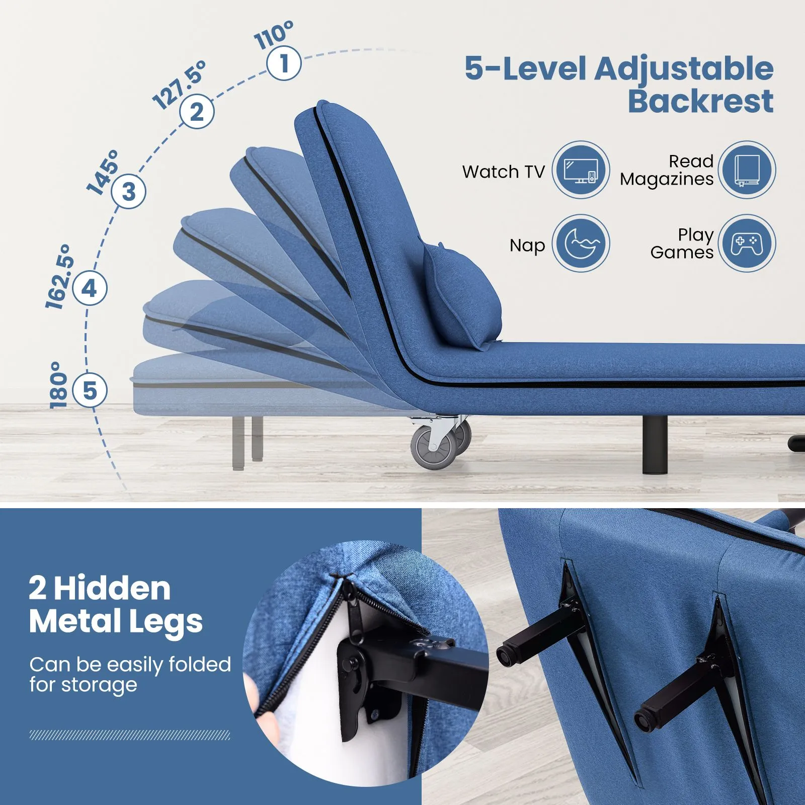 Costway Single Folding Sofa Bed Chair Modern Fabric Sleep Function Holder With Pillow in Blue 6